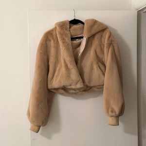Tiger Mist Beige / Tan Fur Cropped Jacket with Hood